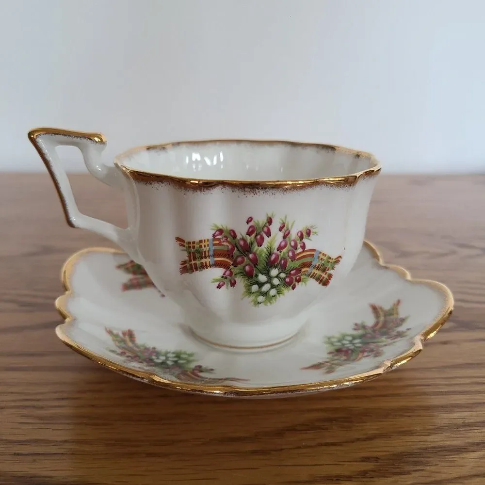 Vintage Salisbury Floral Tartan Teacup and Saucer Bone China England Coffee Tea